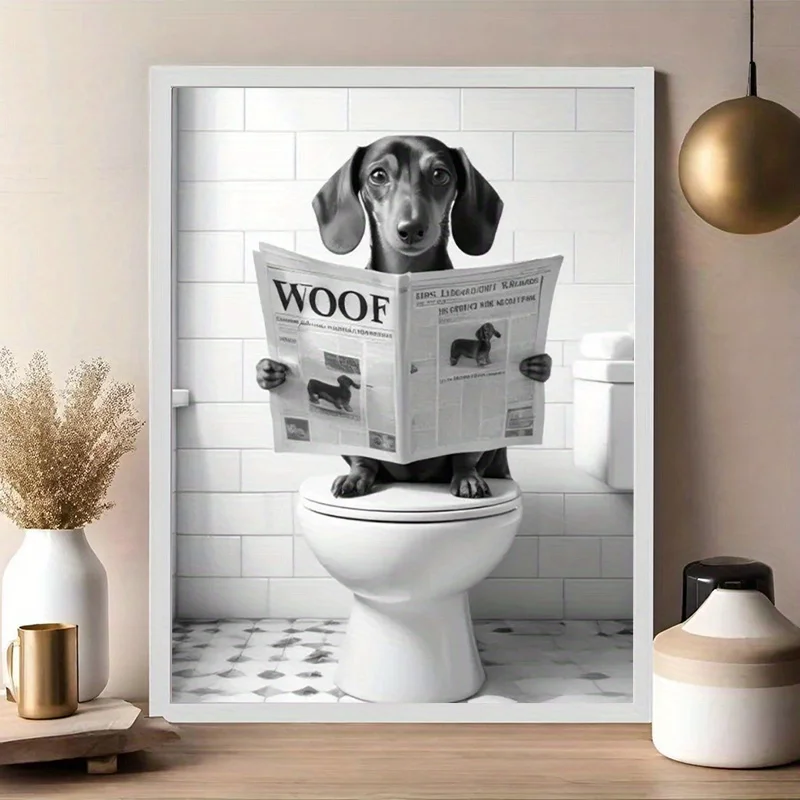 Sausage Dog Reading 'WOOF' Newspaper on the Toilet, Fun Dog Enthusiast Gift,Perfect Choice for Bathroom Decoration, Creative Gif