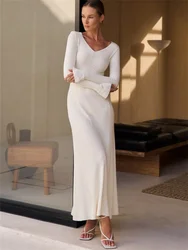 V-Neck Ribbed Knitwear Dress Female Patchwork Ruffled Slim High Waist Long Sleeve Bodycon Dress Knit Vintage Maxi Dress
