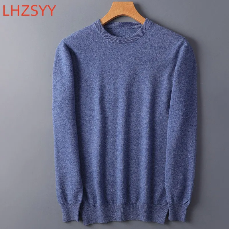 LHZSYY-suéter de Cachemira de lana pura 100% para hombre, jersey de cuello redondo, camisa Base informal de gran tamaño, Tops de punto salvaje para