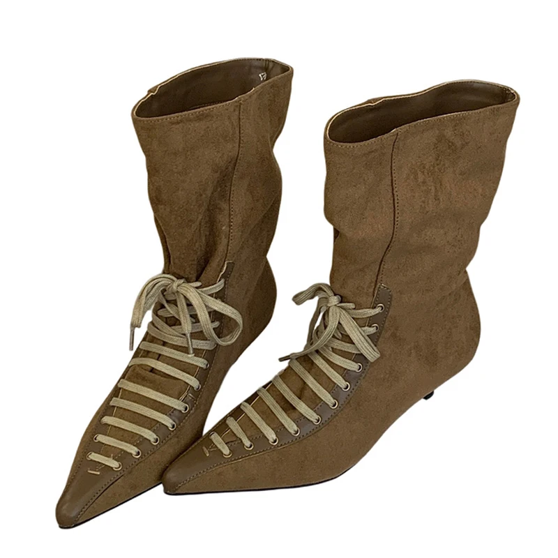 Liyke 2026 Autumn Winter Suede Chelsea Boots Women Fashion Cross Lace Up Pointed Toe Low Heels Shoes Ankle Booties For Commute