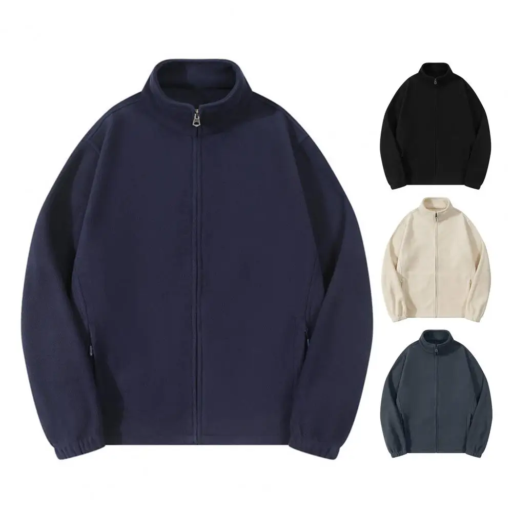 Autumn Winter Lambswool Coat Male Loose Windproof Warm Sherpa Stand Collar Polar Fleece Jacket Unisex Simple Pocket Spliced Top