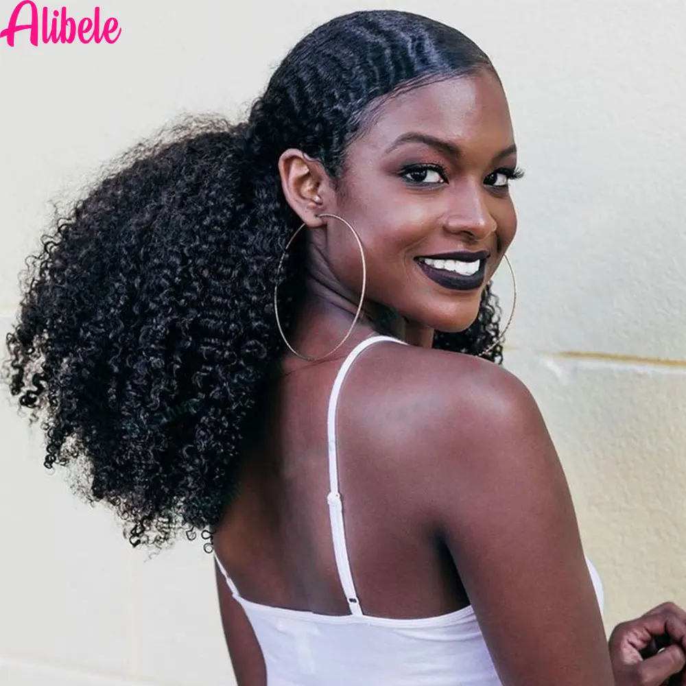 

3c4a Кудрявые вьющиеся волосы для наращивания Афро Кудрявые вьющиеся хвостики Человеческие волосы Alibele Волосы на шнурке хвостики для женщин 105 грамм