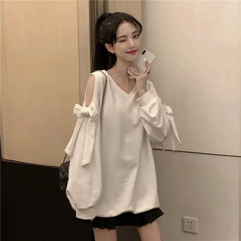 Chic Fashion Bow Off Shoulder Pullover White Sweet Cute New Loose Tops Korean All Match Ins V Neck Long Sleeve Jumpers Female