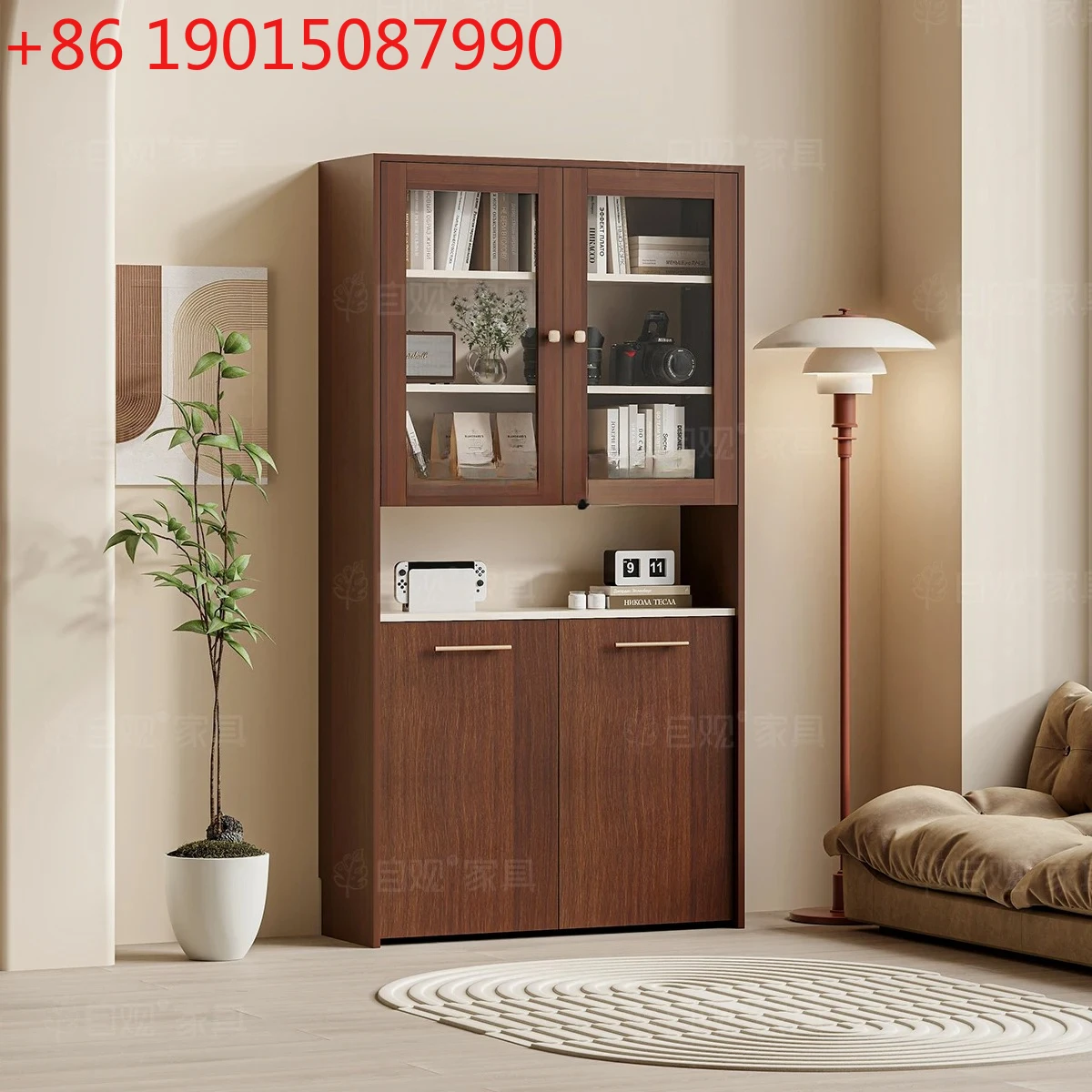 

Medieval style bookcase desk workbench integrated movable desk double door glass display case
