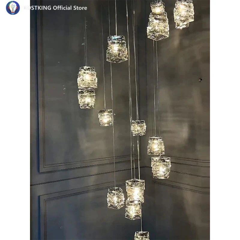 Square Design, Rotating Staircase, Long Chandelier, Loft Apartment, Villa, Duplex Building, Post-Modern, Light Luxury Crystal