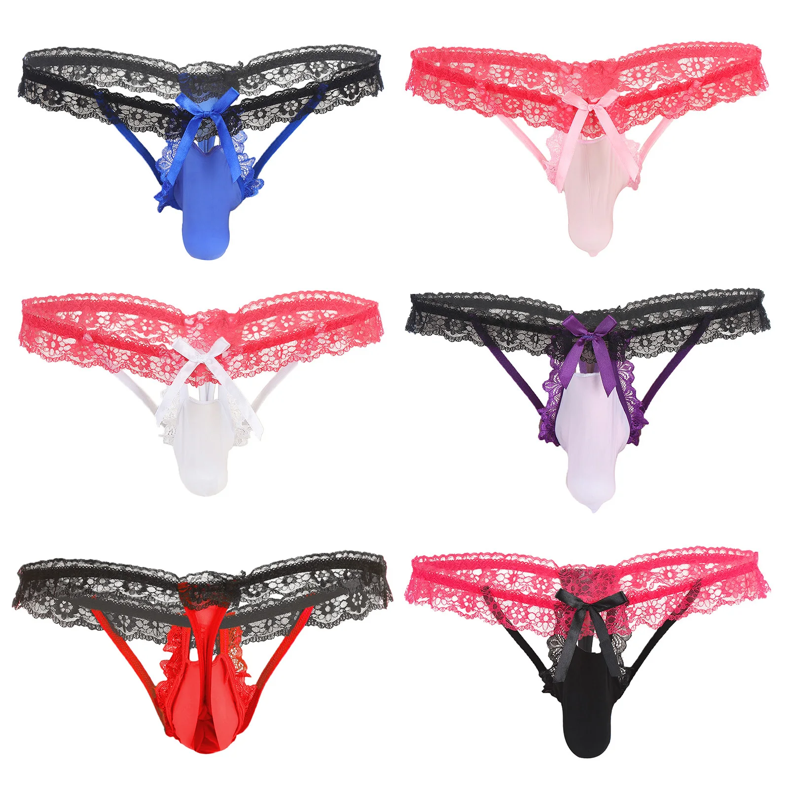 Sexy Contrast Color Men\'s Lace Sissy Underwear Bulge Pouch Underpants Low Rise G-string Cutout T-back Nightwear Male Panties