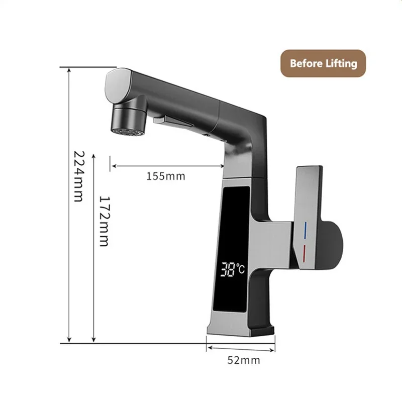 Digital Display Pulling Faucet Intelligent Temperature Sensor Brass Washbasin Taps Rotating Lifting Cold and Hot Water Mixer Tap