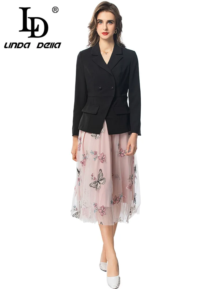 

LD LINDA DELLA Autumn and Winter Women's Suit Long-sleeve Double Breasted Notched Tops+Fashion Embroidery Skirt 2 piece set