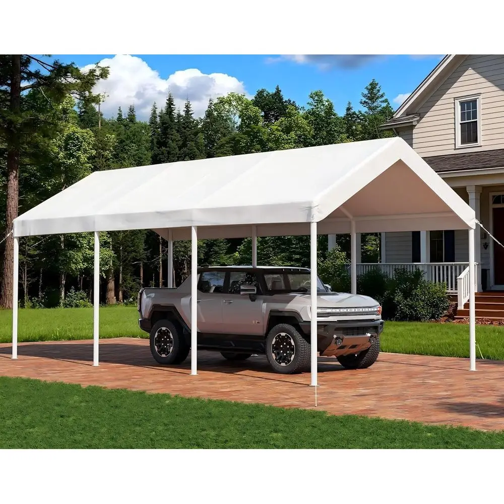 

Heavy-Duty 10x20 Outdoor Carport Tent with Tear-Resistant Tarp, Wind-Resistant, No Sidewalls - Milky White