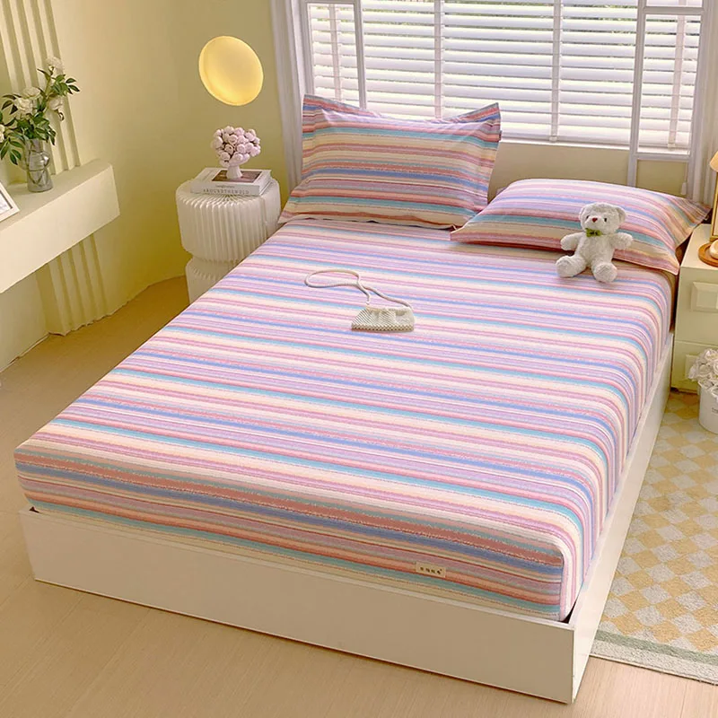 All-Round Pure Cotton Striped Fitted Bed Sheet Non Slip Fixed Household Bed Cover for All Seasons Queen Double Mattress Cover
