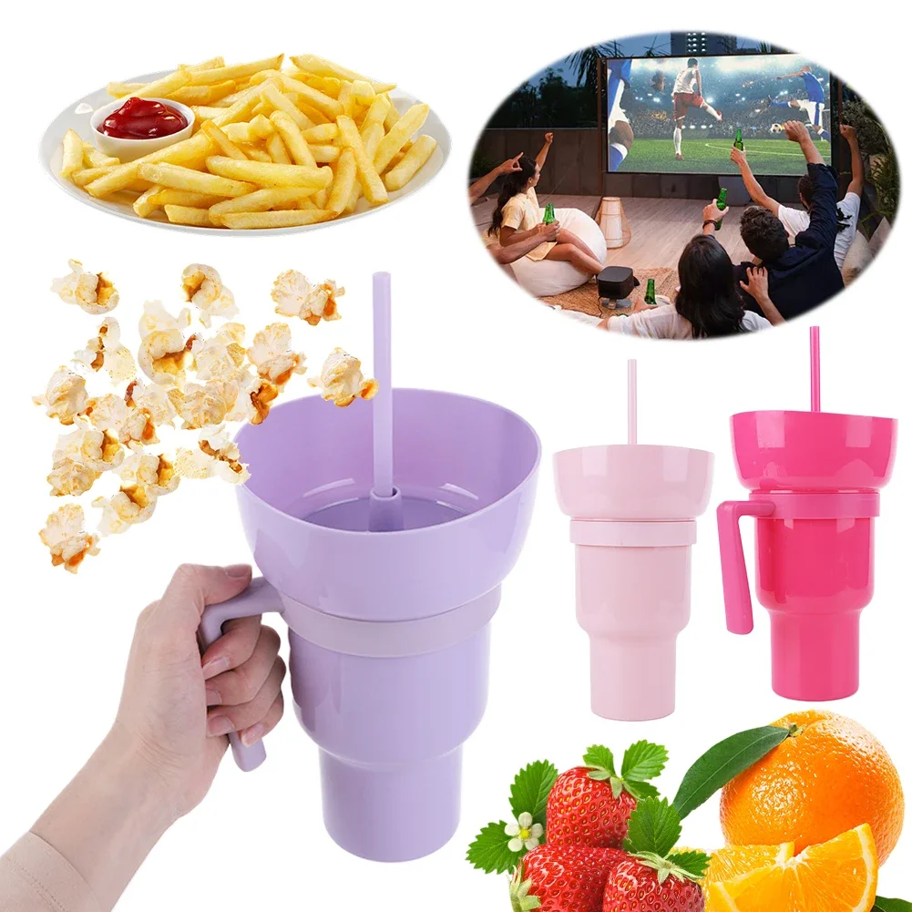 2In1 Stadium Tumbler with Snack Bowl with Straw, Travel Cup with Snack Bowl Leak Proof Snack and Drink Cup Portable Reusable