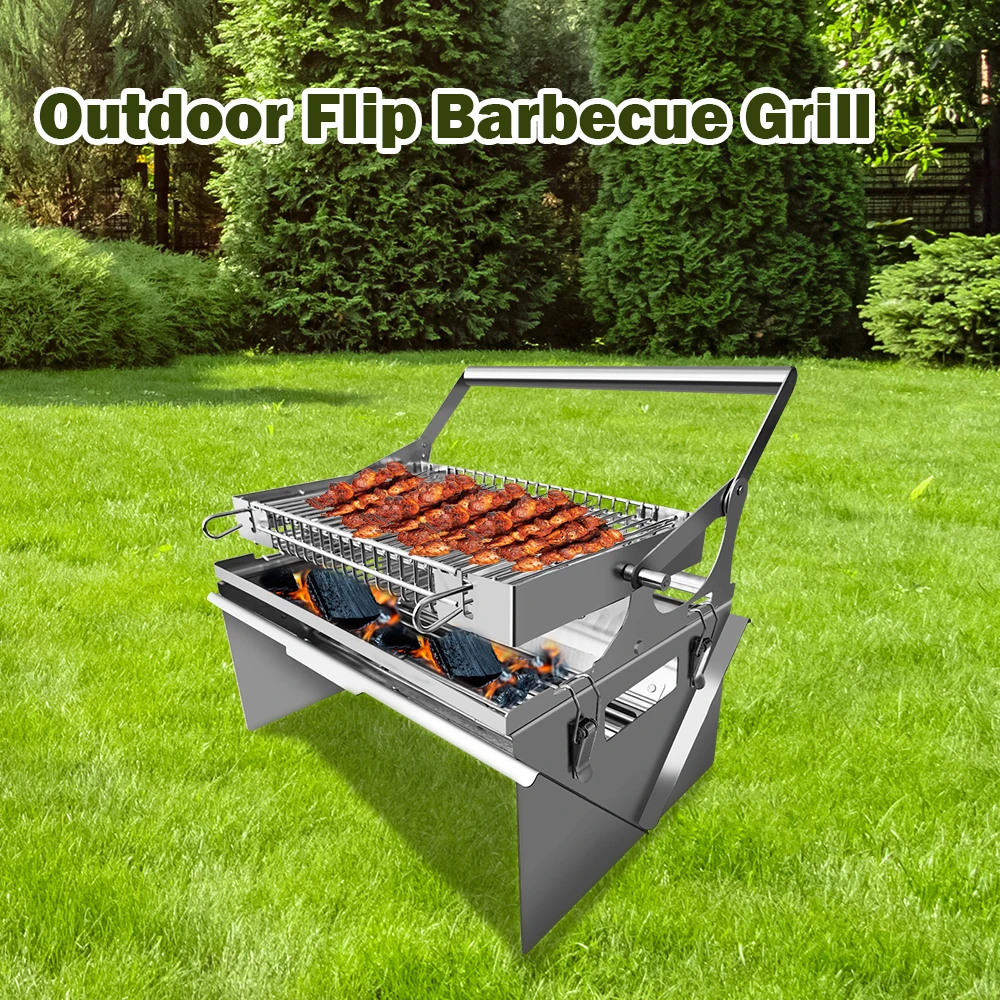 Parrilla de barbacoa de carbón portátil de acero inoxidable para acampar con parrilla de cesta de barbacoa rotativa