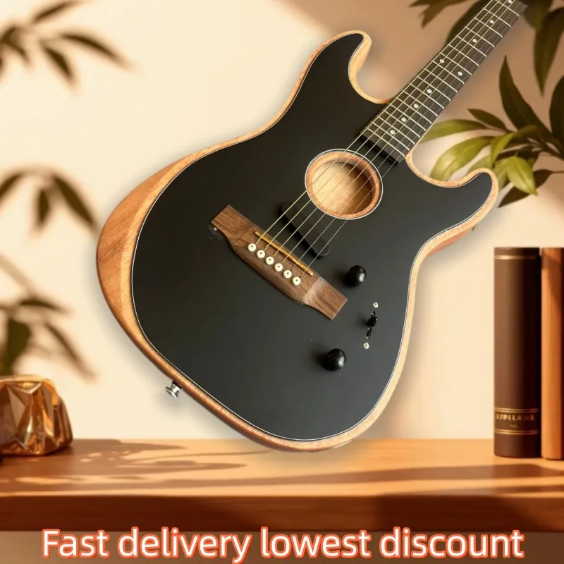 6 String ST Hybrid Acoustic Electric Guitar Black Matte Finish Wooden Binding Single Pickup Folk Pop Stage Guitar Beginner