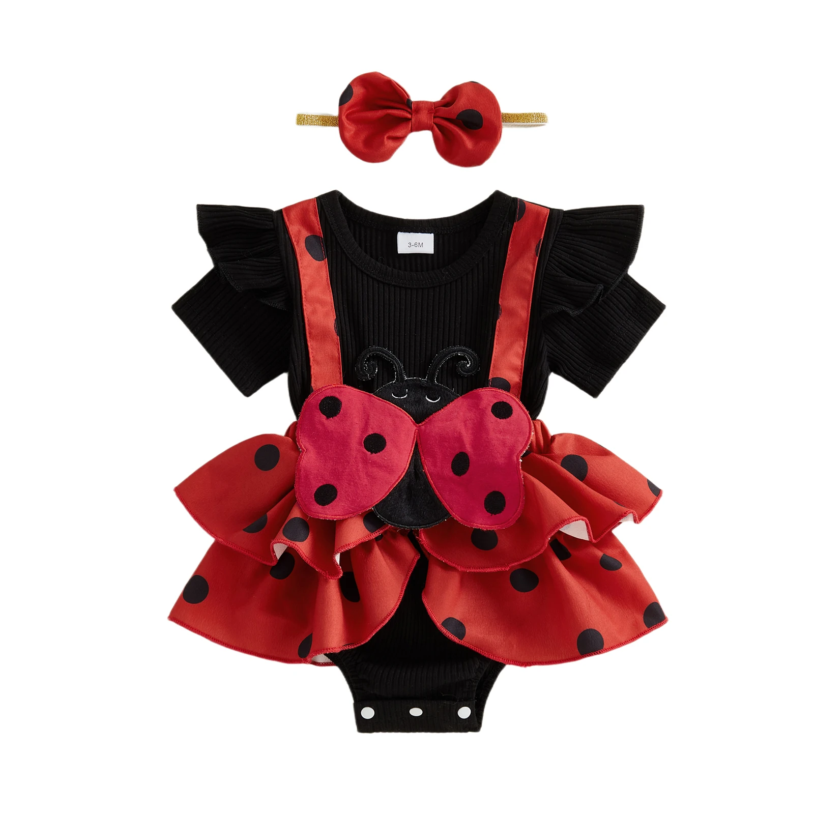 Baby Girl Ladybug Outfit Fake Two-Piece Short Sleeve Romper and Bow Headband 2 Piece Summer Set 0-18M