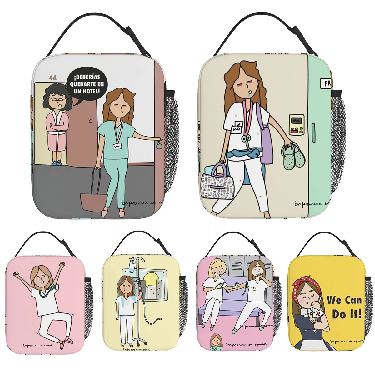 

Funny Nurse Cartoon Enfermera En Apuros Insulated Lunch Bag for Doctor Nurses Food Box Lunch Container Thermal Cooler