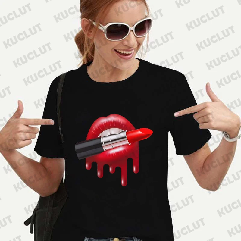 Women Tshirt Lipstick Makeup Print Short Sleeve Tees Tops Beauty Cosmetics Summer Aesthetic T Shirt Streetwear Woman T-shirts