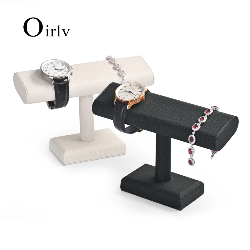 Oirlv Beige&Dark Green PU Leather T-Shape Watch Display Stand for Men and Women Watch Storage Rack Jewelry Organizer Holder