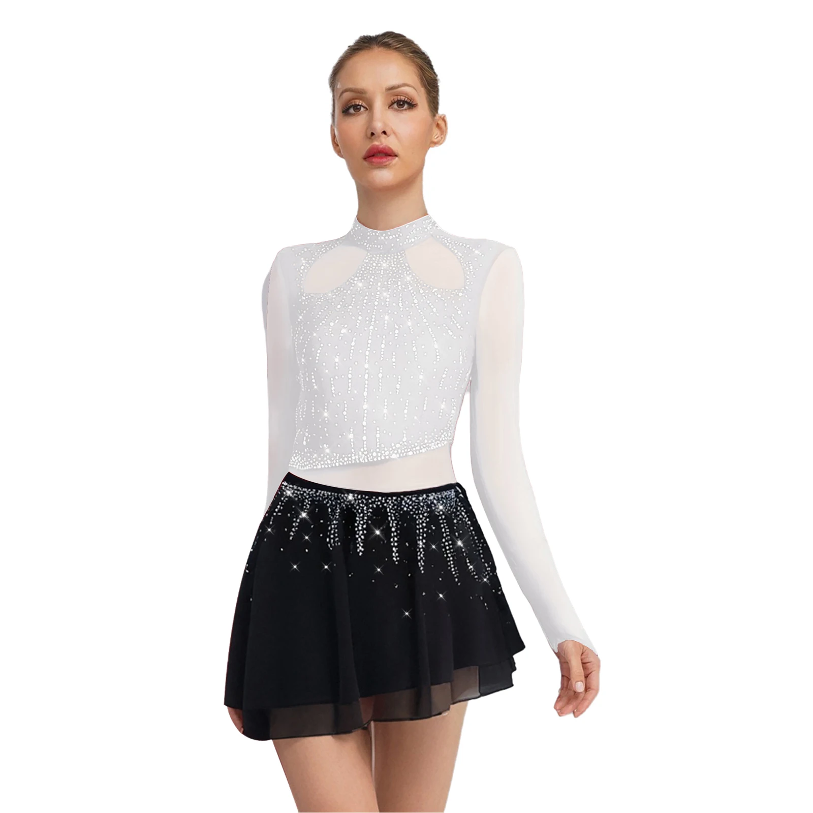 

Jazz Dance Leotards Tutu Dress for Women Rhinestones Long Sleeve Mesh Skirted Bodysuit Dress Dancewear Figure Skating Costumes