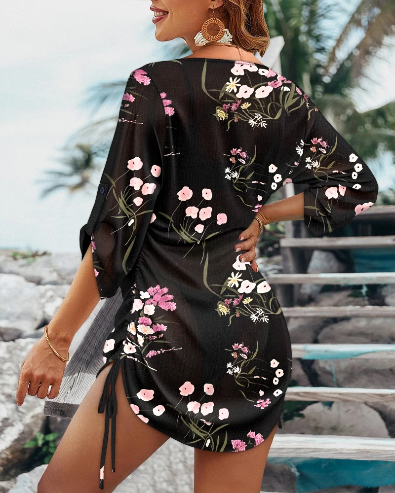미디 드레스 여자 꽃 프린트 v 넥 짧은 소매 대조 레이스 탑 캐주얼 Drawstring 쉬폰 드레스 여름 섹시한 셔츠 드레스