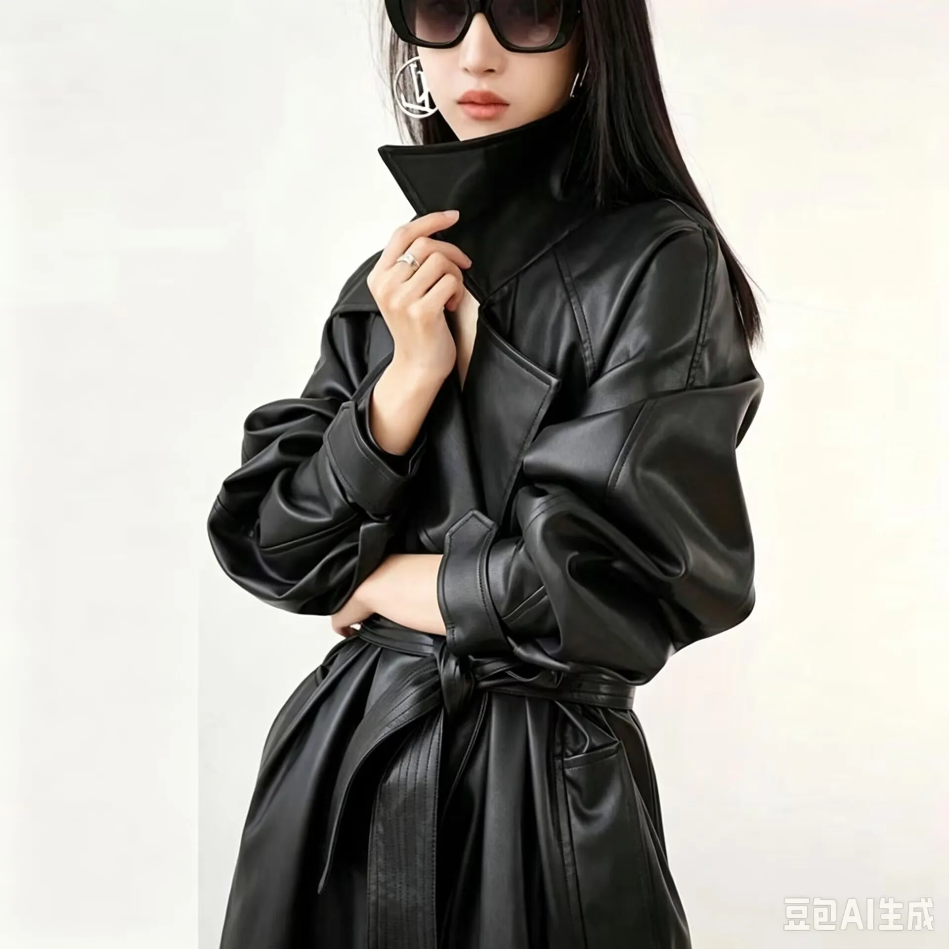 European American High-end Leather Jacket Women's Autumn Winter New Thickened Black Long Leather Windbreaker Coat PU Overcoat