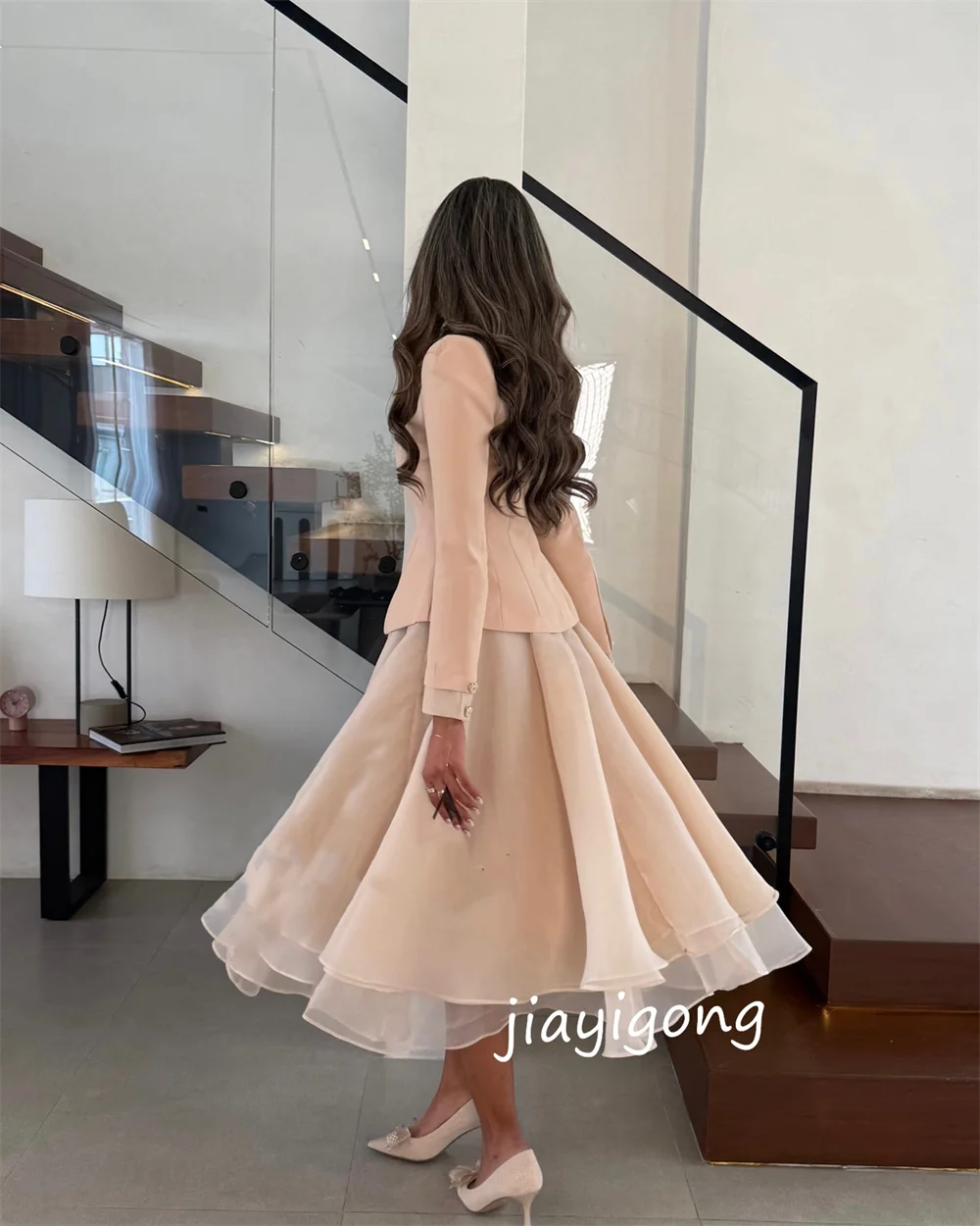 تخصيص الطراز الحديث جيرسي زر الطية ألف خط الخامس الرقبة فساتين متوسطة الطول مناسبة مخصصة رائعة بسيطة البريق #5