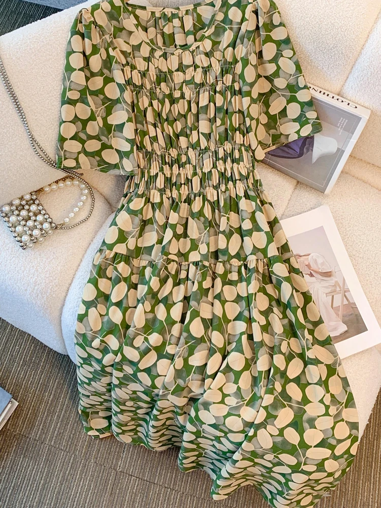 فستان نسائي مقاس كبير من NYFS لصيف 2025 فستان فضفاض مم مطبوع بخصر عالٍ وأكمام منتفخة فساتين طويلة رداء Elbise على الطراز الكوري