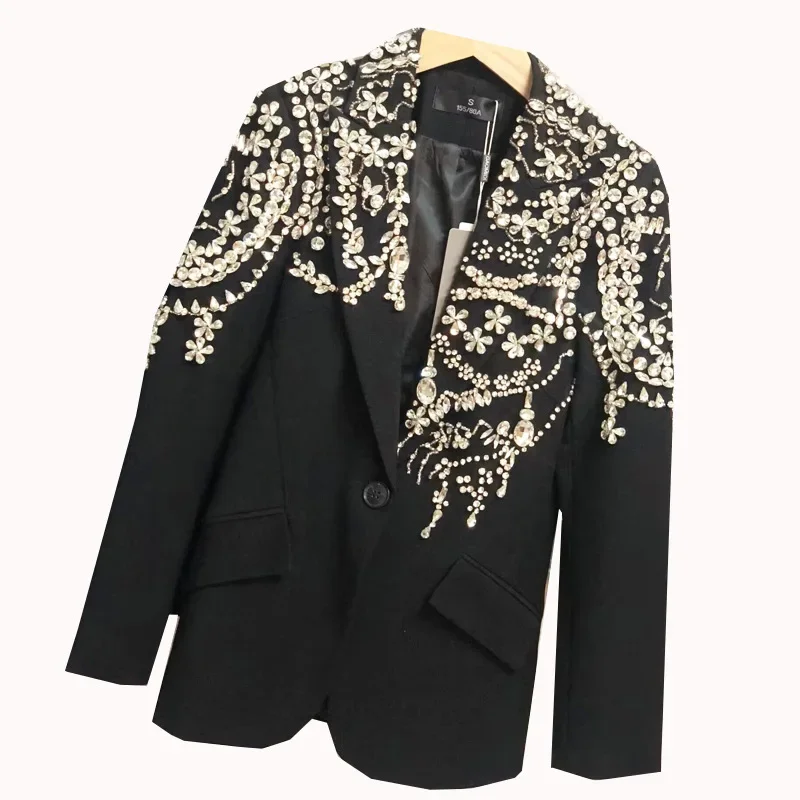 Heavy Industry Fashion Handmade Beaded Suit Jacket Women2023 Autumn Winter New Light Luxury Starry Rhinestone Black Suit Blazers