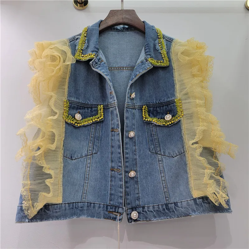 

Pink Yellow Fashion Diamond Lace Patchwork Hole Cowboy Vest Spring Summer Women Casual Loose Lapel Sleeveless Denim Waistcoat