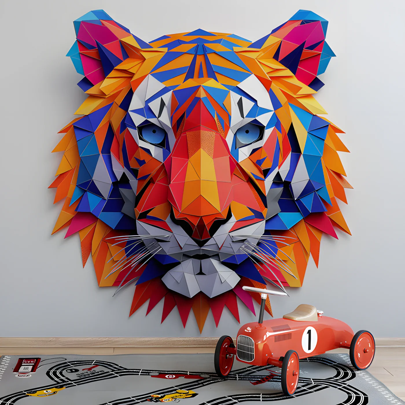 Geometric Tiger Mural Wallpaper in Room Various Colors Custom Peel and stick wallpaper