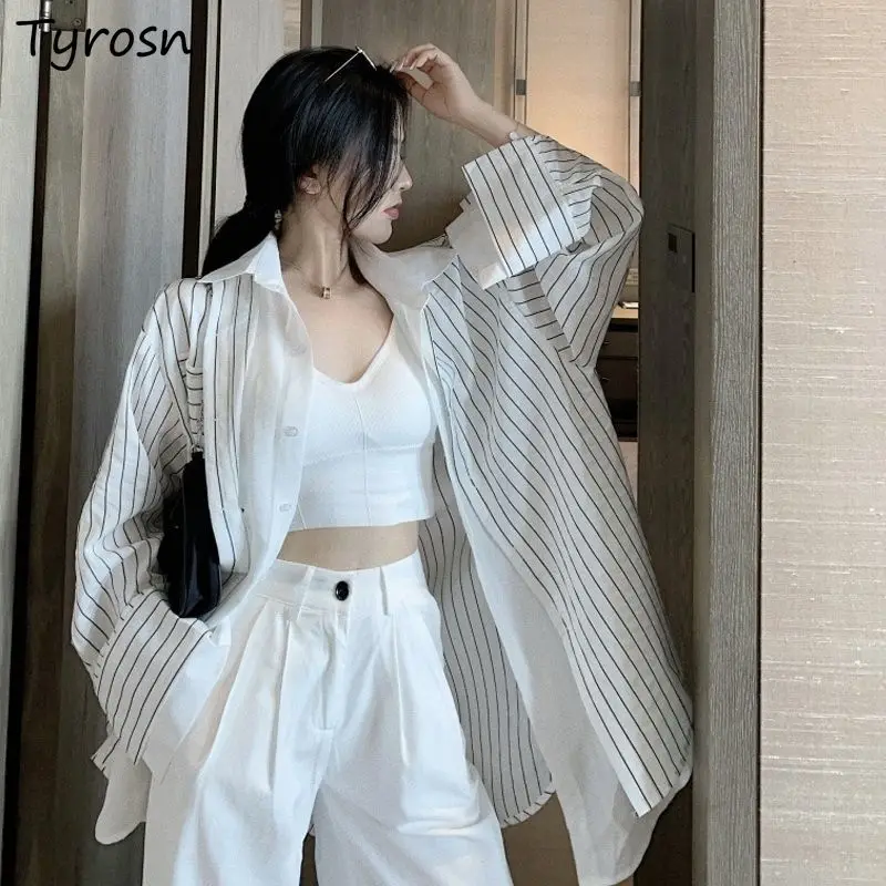 Jackets Women Long Sleeve Leisure Loose Striped Fake Two Piece Turn-down Collar Summer Breathable Korean Fashion Sun-protected