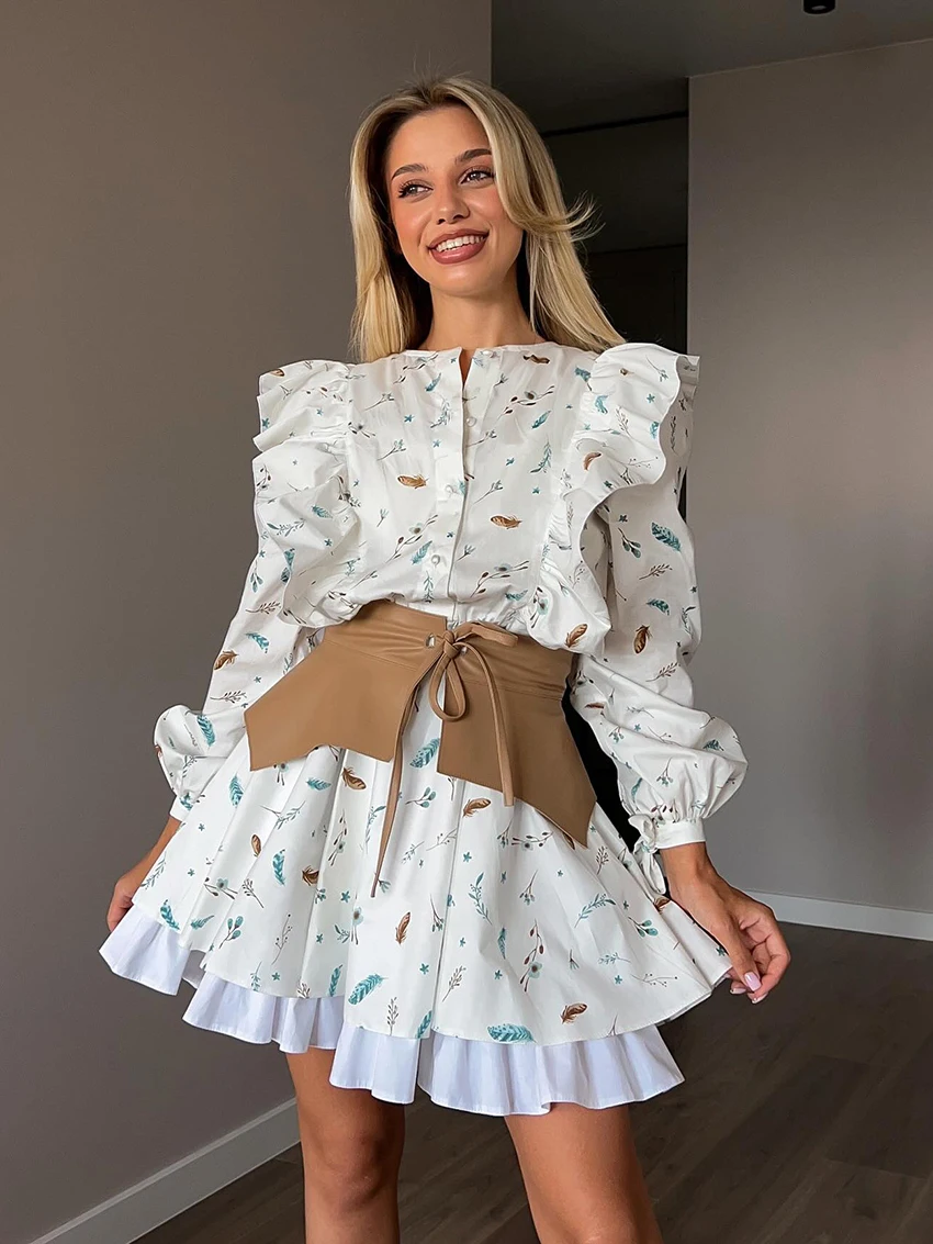 

Marthaqiqi Printing Ladies Sleepwear Belt O-Neck Pajamas Lace Long Sleeve Nightgowns Winter Mini Dress Fashion Female Nightwear