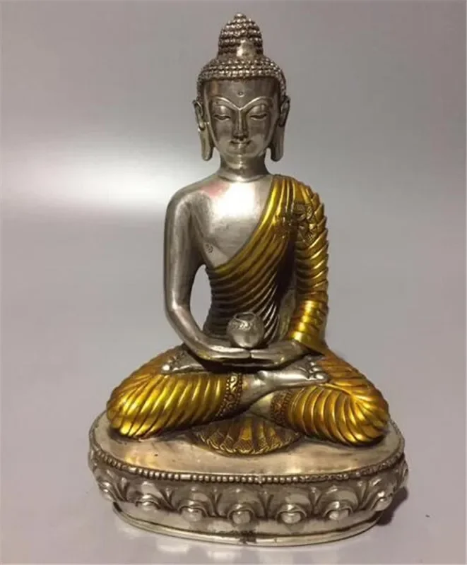 Copper Collection Tibet Silver Carved Sakyamuni Gold Plating Buddha Statue Peace And Auspiciousness Home Decoration Crafts