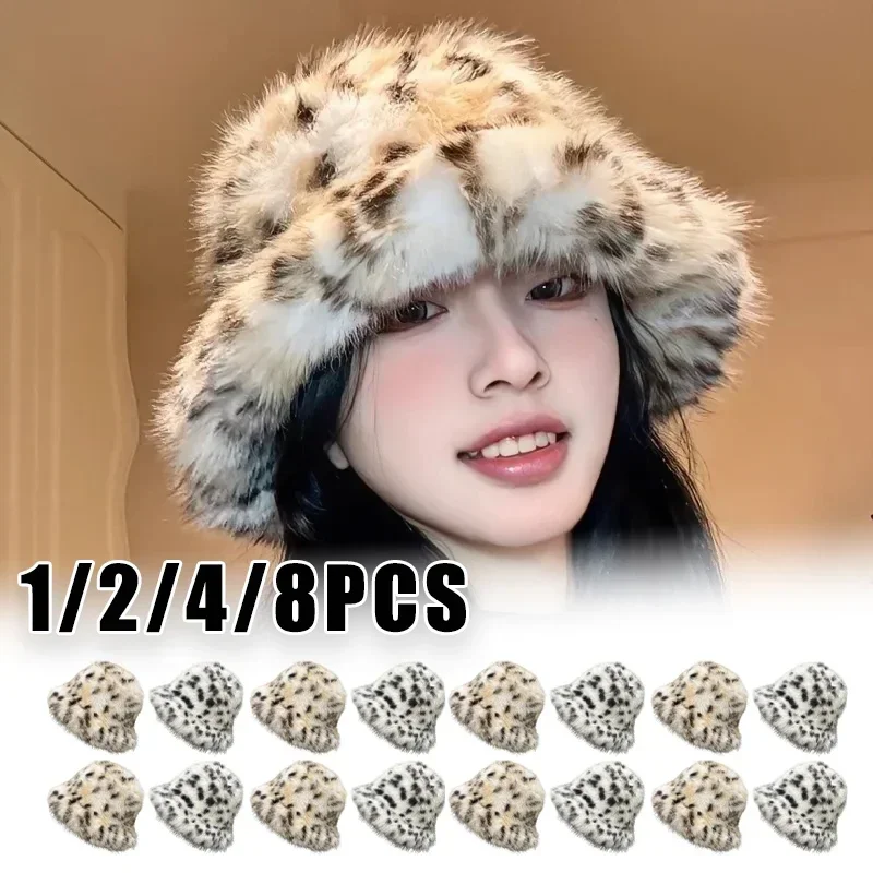 Women Puffy Faux Fur Bucket Hat Leopard Print Plush Sun Hat Winter Thickened Warm Imitation Fur Panama Set