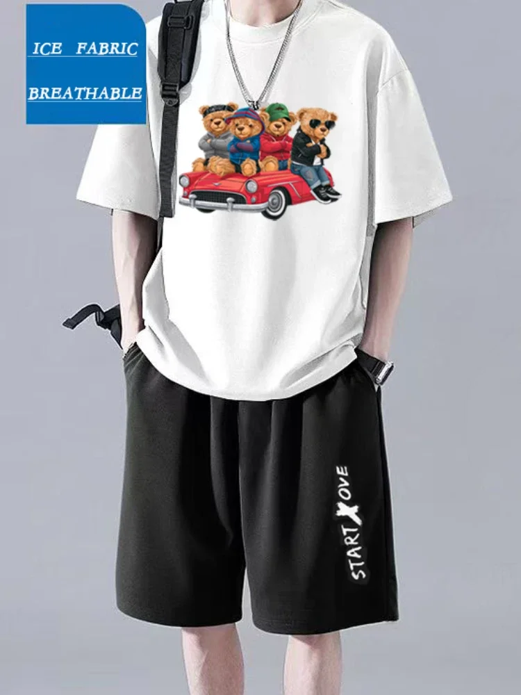 

Summer Men's Fashion Suit Ice Silk Fabric Short Sleeve and Beach Five Shorts Two-Piece Set for Fitness Sports and Casual Wear