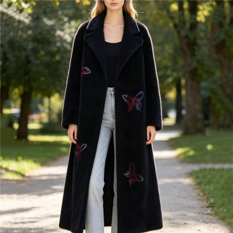 Women Mujer Autumn Winter Thick Warm Hairy Mink Cashmere Knitted Suit Collar Butterfly Loose Long Cardigans Sweater Coat Pull
