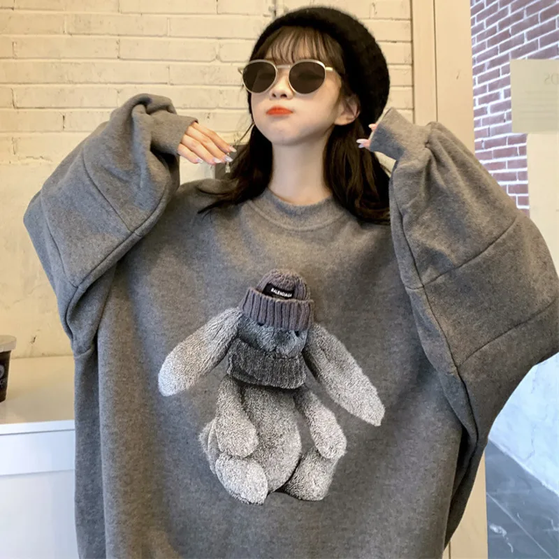 Japanese Kawaii Cute Rabbit O-Neck Sweatshirt Knitted Patchwork All Match Drop Shoulder Hoodies Preppy Sweet Loose Pullovers