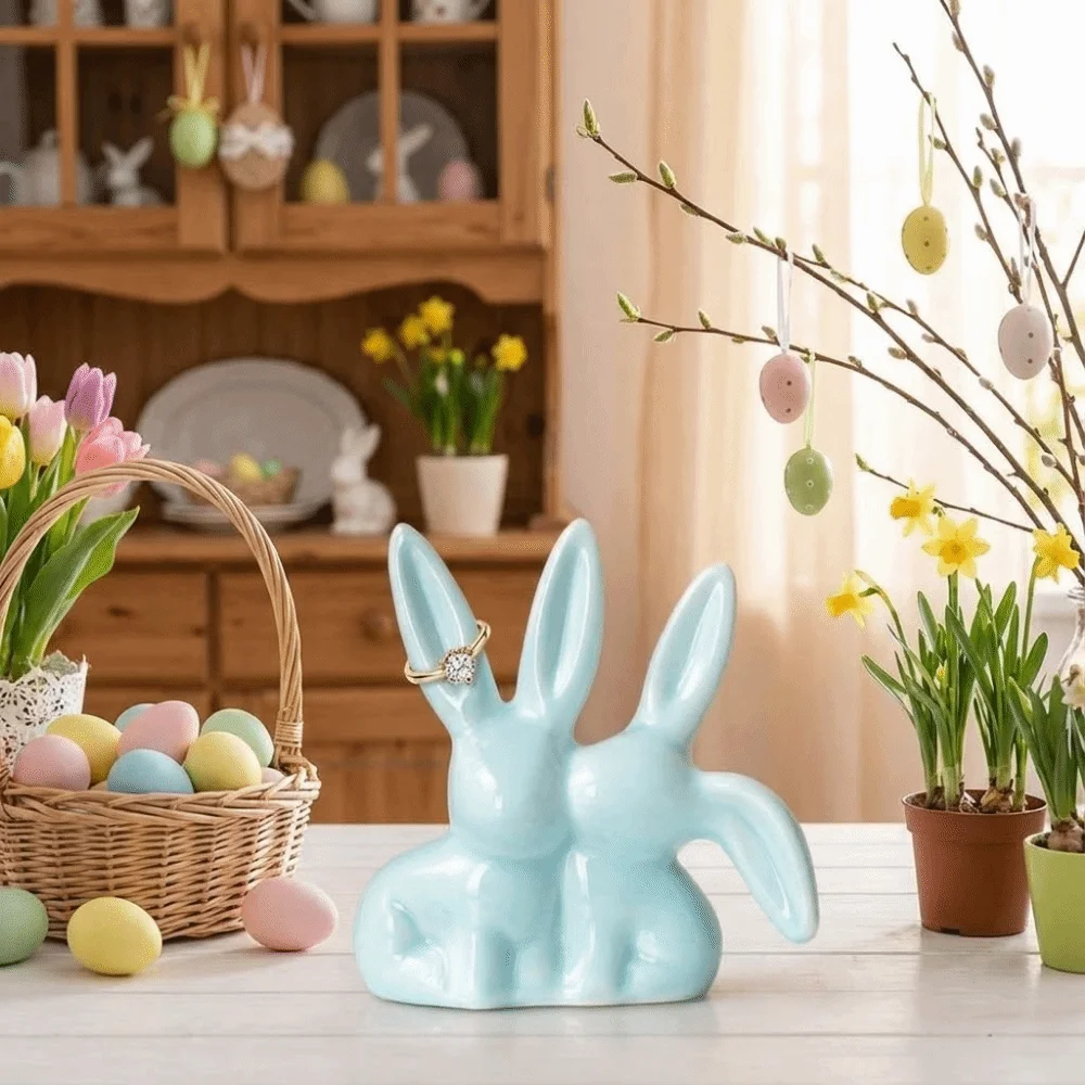 Unique Aesthetic Ceramic Rabbit Ring Holder Handicraft Cartoon Style Kiss Couple Bunny Figurine Creative Decorative