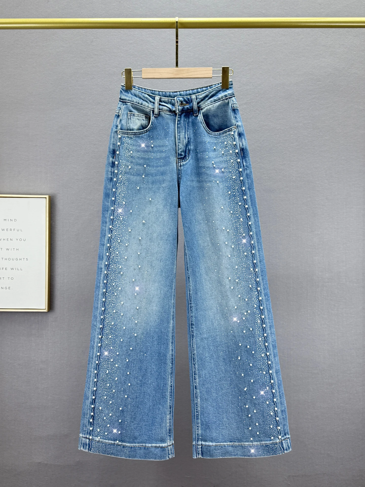 

High Waist Glitter Nail Denim Jeans Women's Extended Spring New Sle European Wide Leg Pants Loose Slimming Faionable