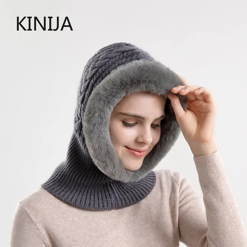 Winter Warm Hat for Women Russia Outdoor Plush Twist Knitted Benines Female Soft Fur Head Hood Neck Ear Protection Balaclava cap