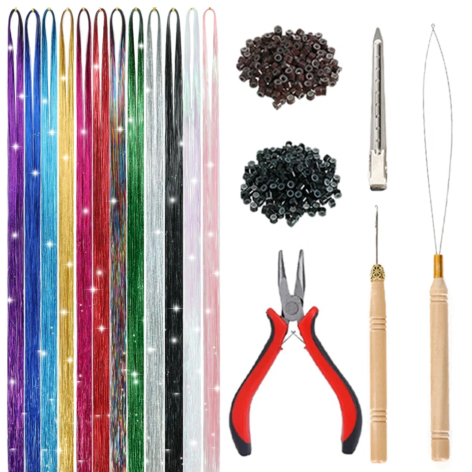 48 Zoll Synthetisches Haar-Tinsel-Set mit Werkzeug, 1200 Stränge Tinsel-Haarverlängerungen, 12 Farben, Feenhaar-Tinsel, Funkelndes Glänzendes Haar