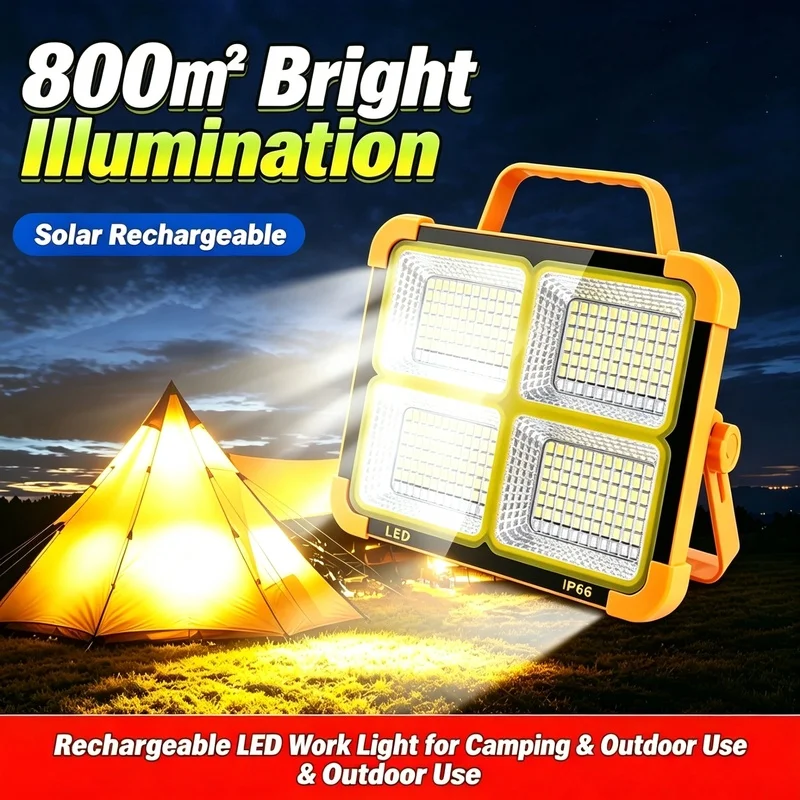 Portable Solar LED Work Light IP66 Waterproof Type‑C Rechargeable Flood Lamp Outdoor Camping Emergency Lighting for Yard Garage