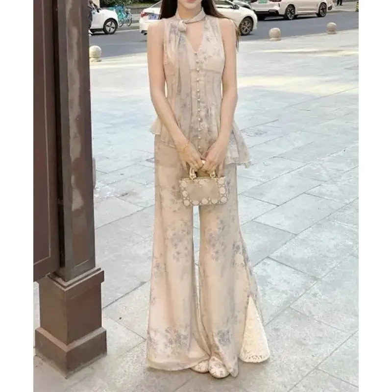 

New Chinese Summer Women's Two Pieces Set Elegant Design Sense Printed Lace-up Irregular Slim Waist Top + Split Flare Pants Suit