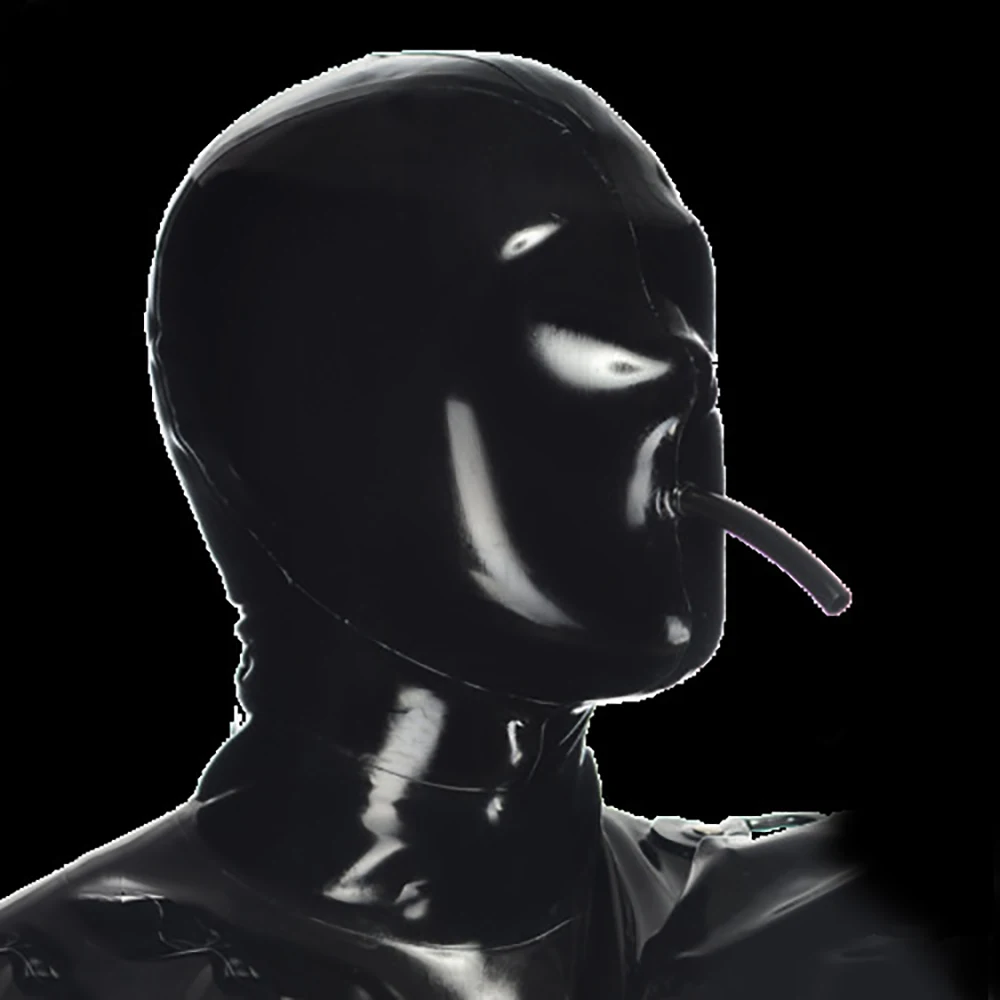 Latex Hood Mask with Mouth Tube Full Face Breathing Zipped Latex Mask