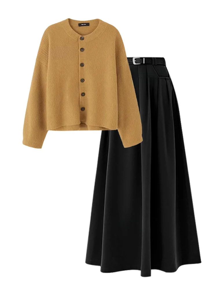 Komplet dzianinowy plus size, spódnica z wysokim stanem, tuszująca niedoskonałości, wyszczuplająca, koreański styl, długi sweter rozpinany, jesień, moda.