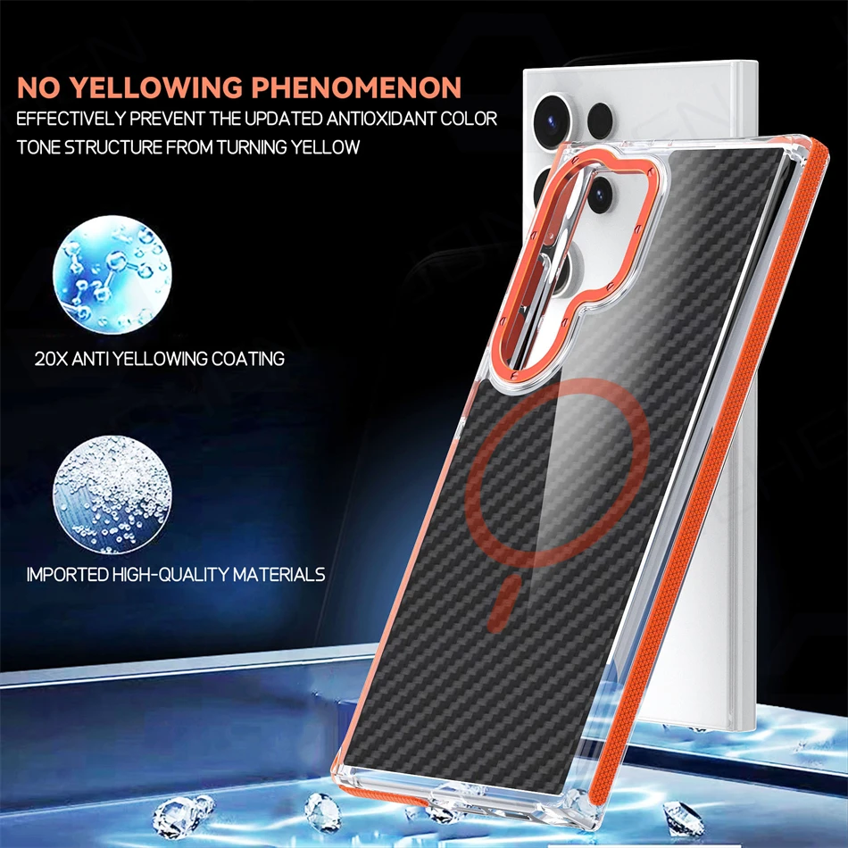 Magnetic Carbon Fiber Pattern Wireless Charge Case For Samsung Galaxy S23 Plus S24 S25 S26 Ultra A53 A55 Armor Cover For Magsafe