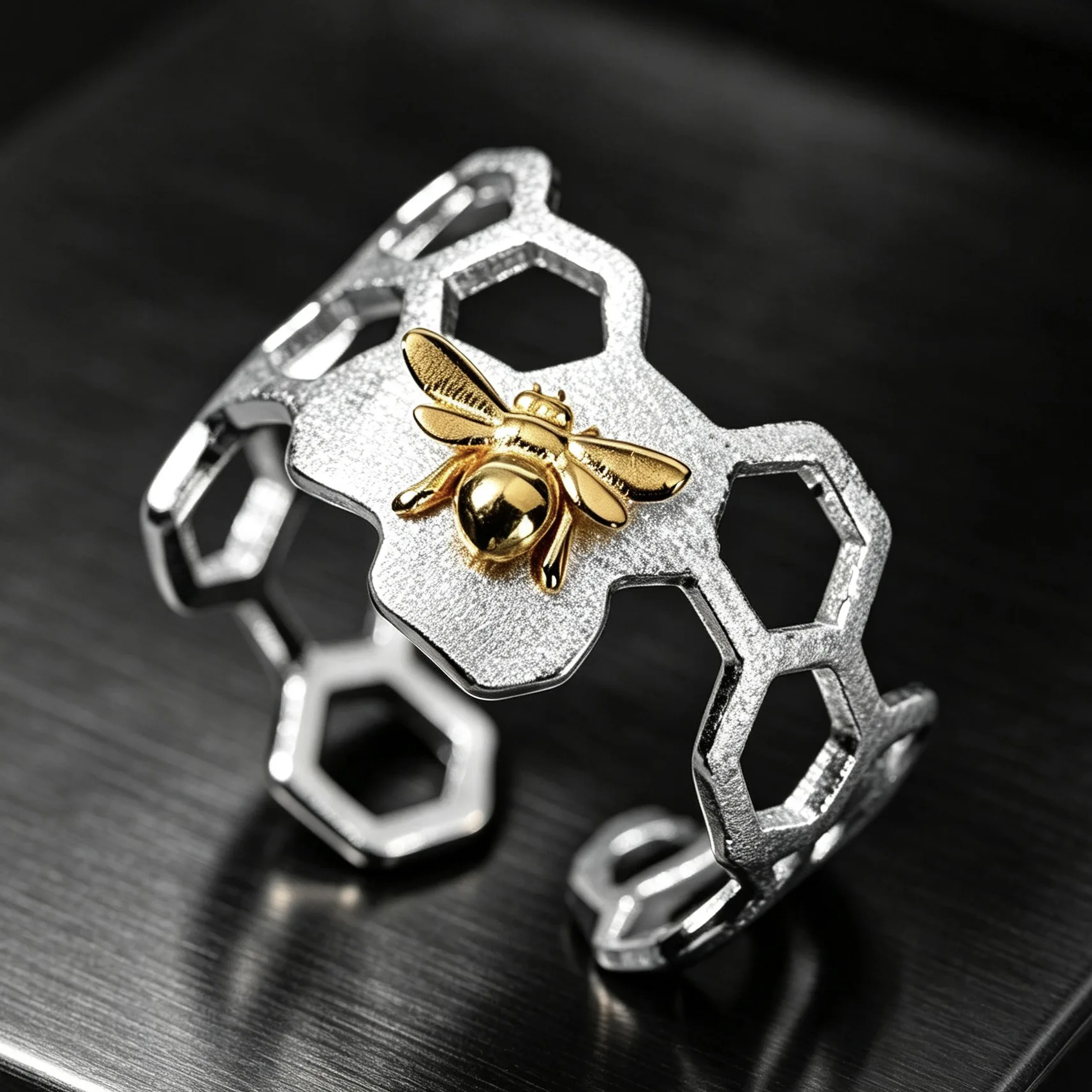 Hollow Honeycomb Bumblebee Open Adjustable Ring, Hypoallergenic Daily Jewelry, Unique Spring Garden Birthday Anniversary Gift
