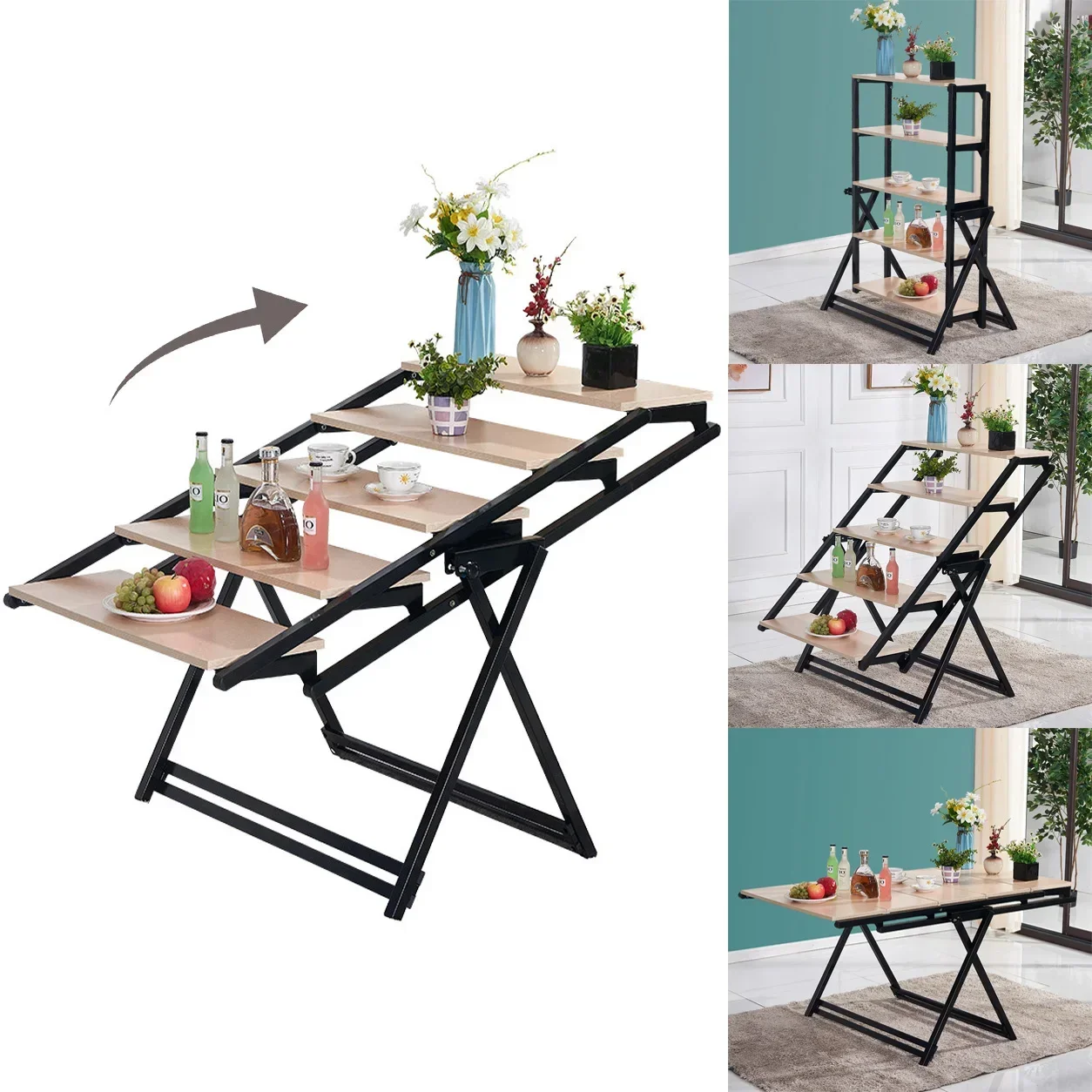 home furniture smart transforming furniture Folding Wood Dining Table foldable table shelf