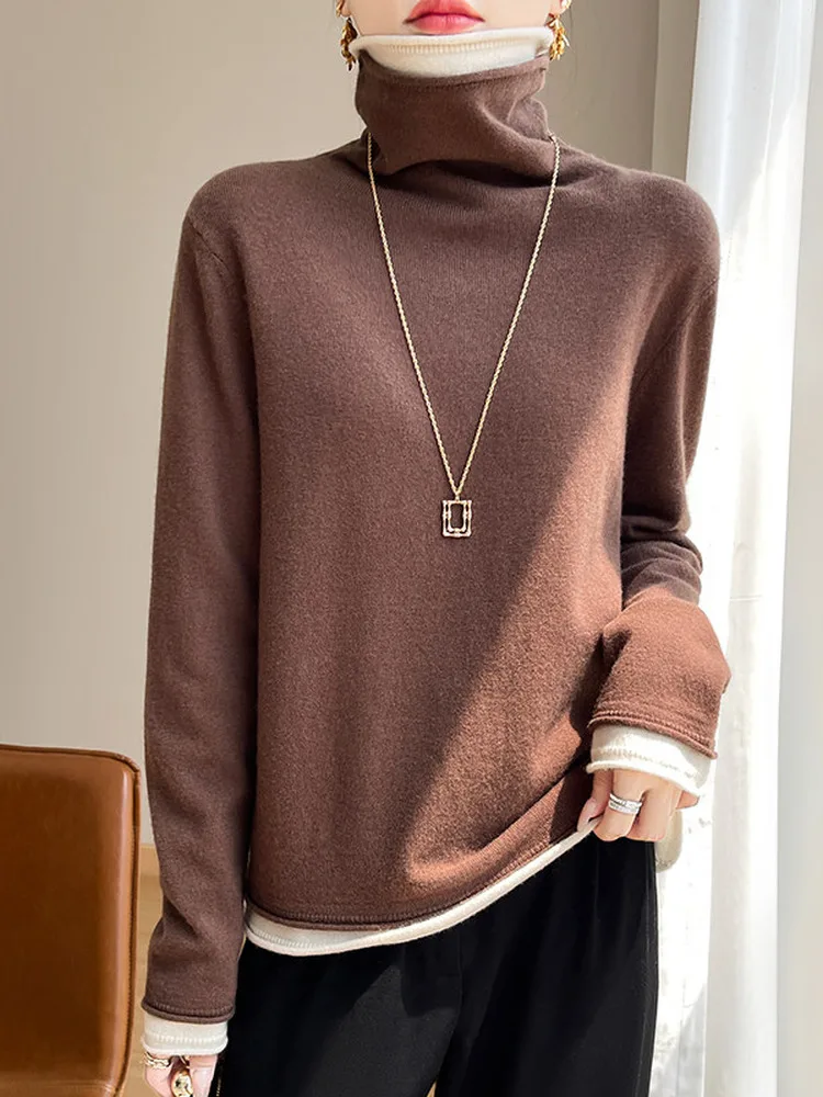 Warm gebreide lange Sve Crew Ne Pullover Damesbasis irt Casual Veelzijdige nep tweedelige trui Woon-werkverkeer Sle Zachte stof