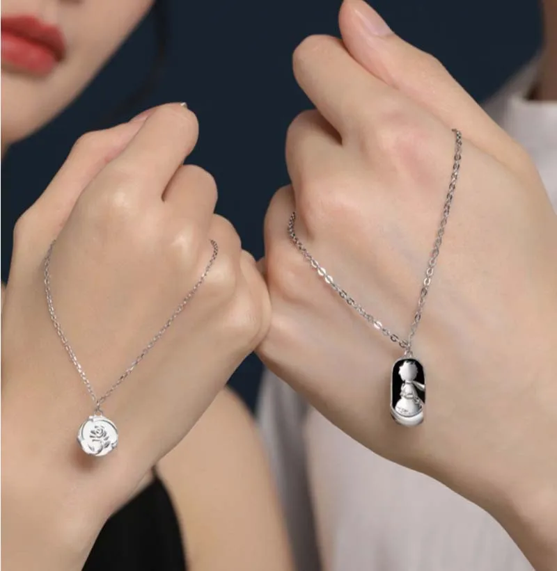 جديد Hot البيع الفضة اللون بالتنقيط الغراء تنقش ارتفع الأمير الصغير قلادة موضة زوجين قلادة عيد الحب مجوهرات هدية X48 #3