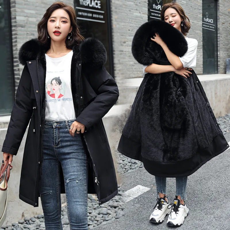 여성용 두꺼운 따뜻한 겨울 파카 코트, 모피 라이너, 라지 사이즈 6XL 후드, 긴 파카, 스노우 웨어, 패딩 의류